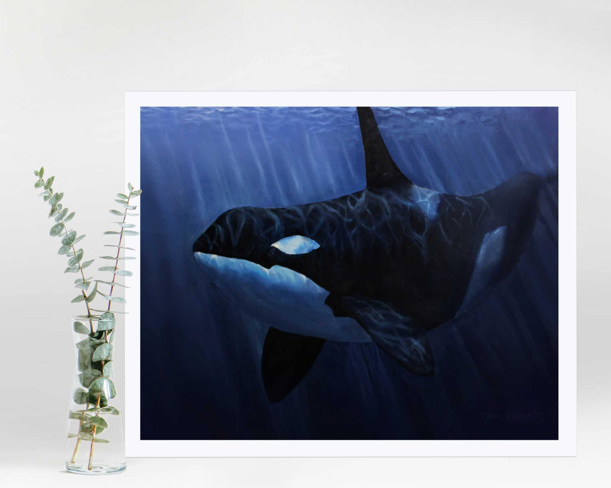 Wall art print of Orca killer whale and deep blue ocean in a painting by ocean artist Karen Whitworth