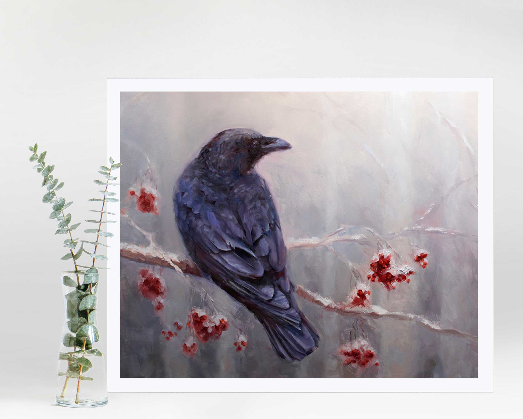 Paper Art print of black raven in winter forest by artist Karen Whitworth