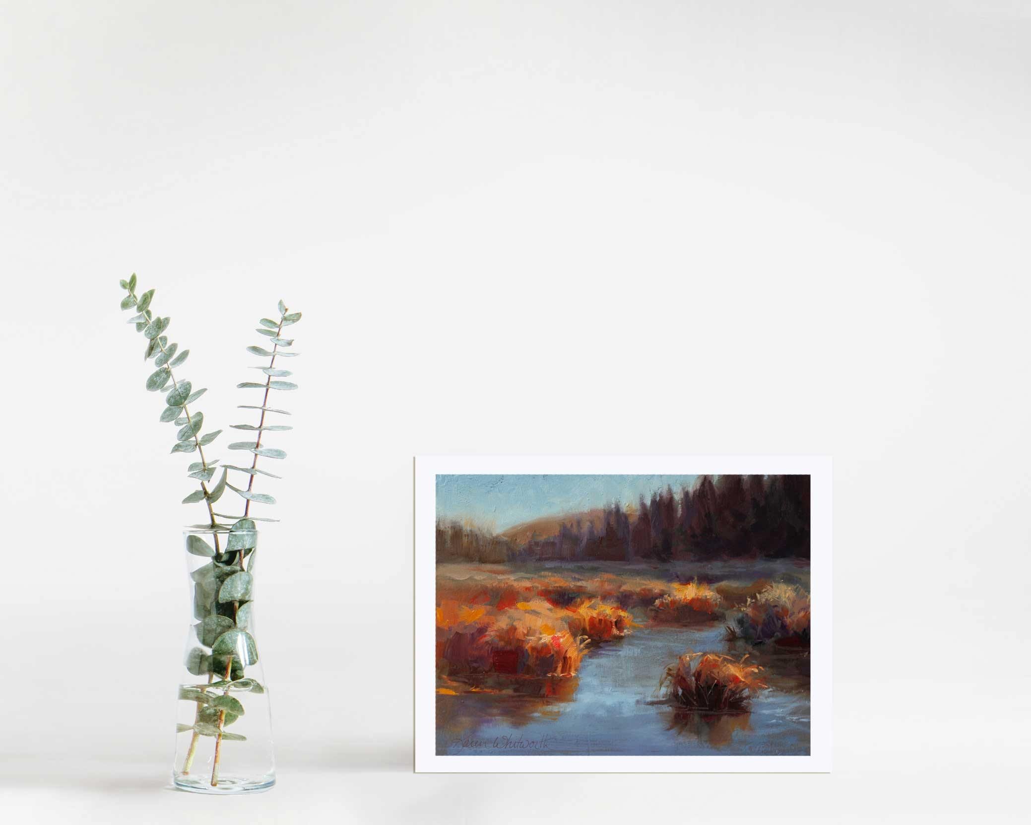 Colorful autumn wall art print of meadow landscape painting by nature artist Karen Whitworth