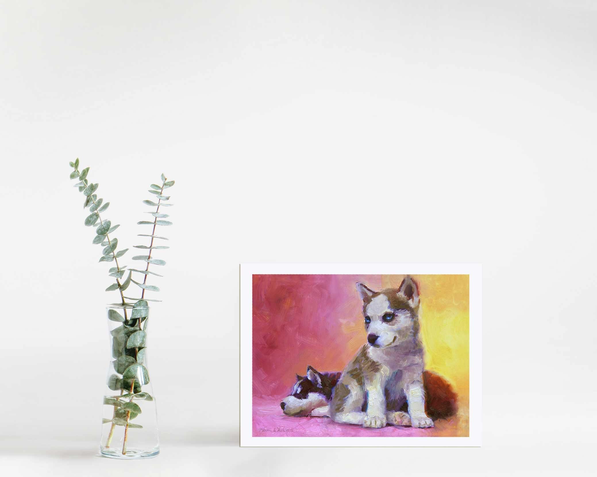 Painting of sled dog husky puppies in a colorful wall art print by Alaska artist Karen Whitworth