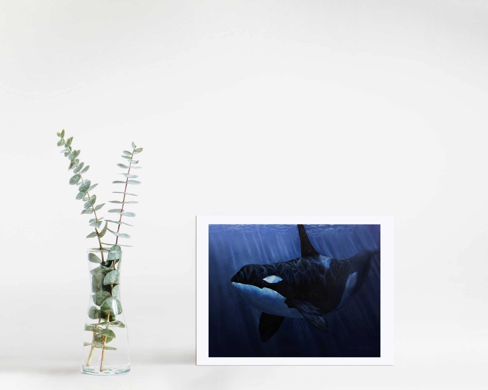 Wall art print of Orca killer whale and deep blue ocean in a painting by ocean artist Karen Whitworth