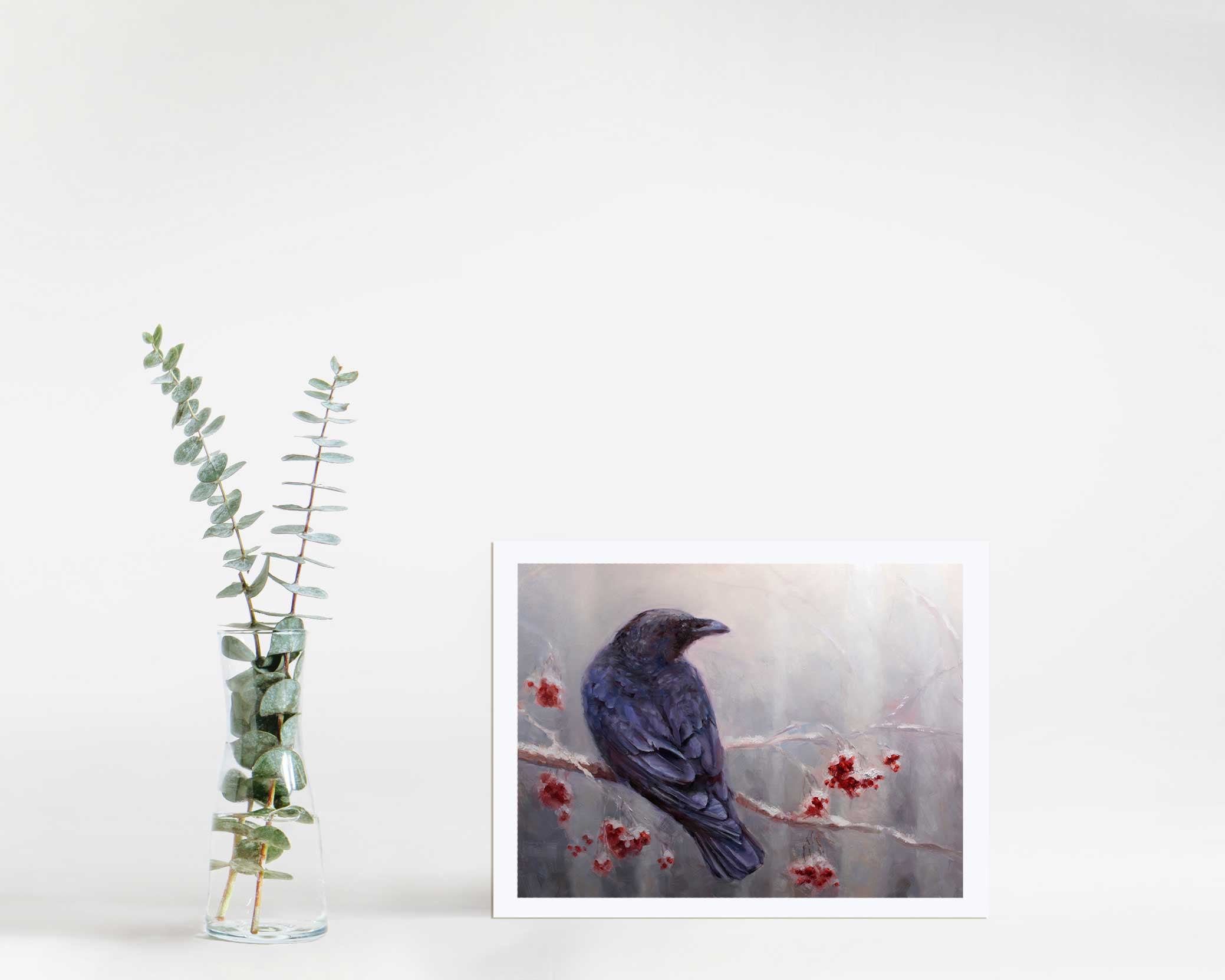 Paper Art print of black raven in winter forest by artist Karen Whitworth