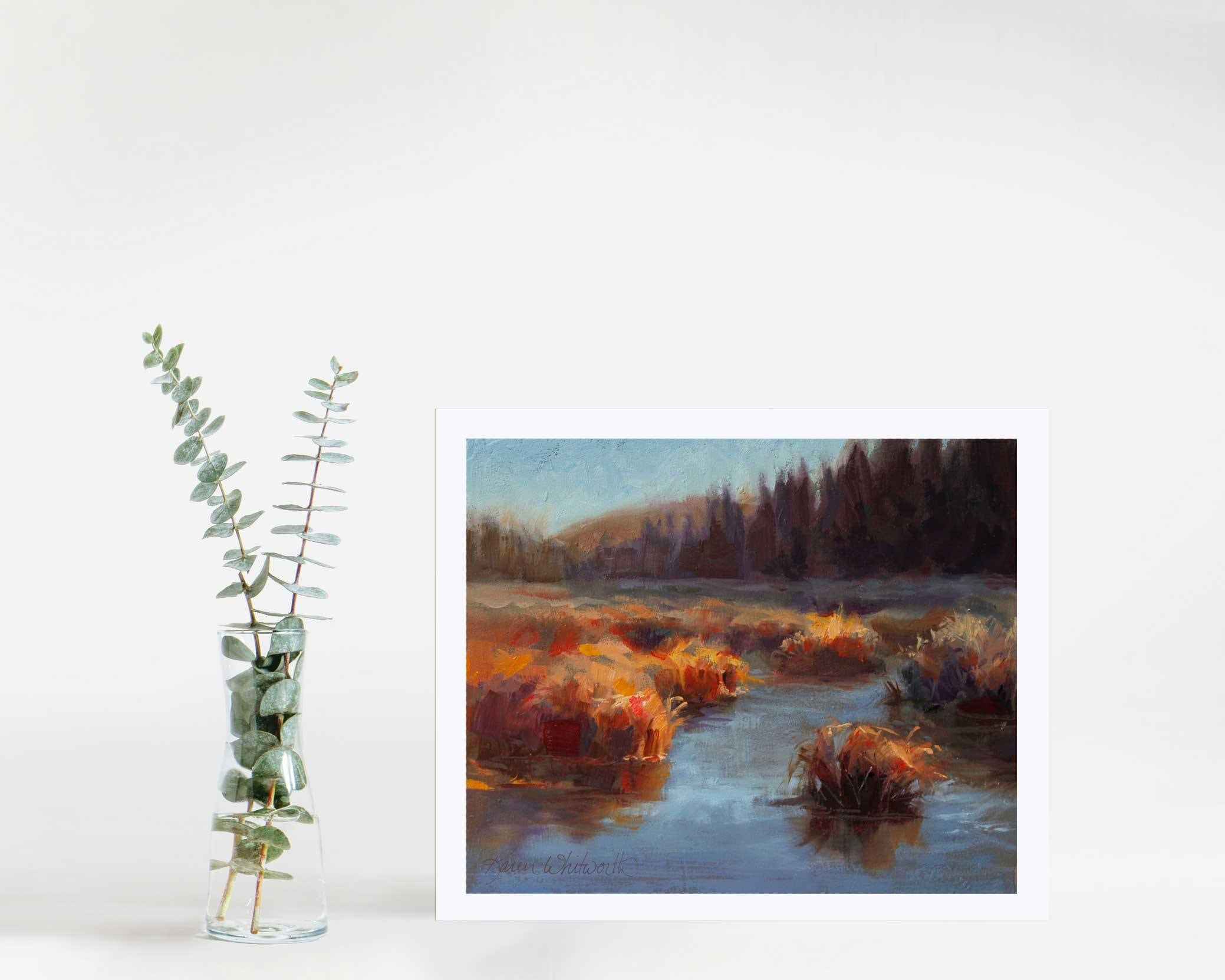 Colorful autumn wall art print of meadow landscape painting by nature artist Karen Whitworth