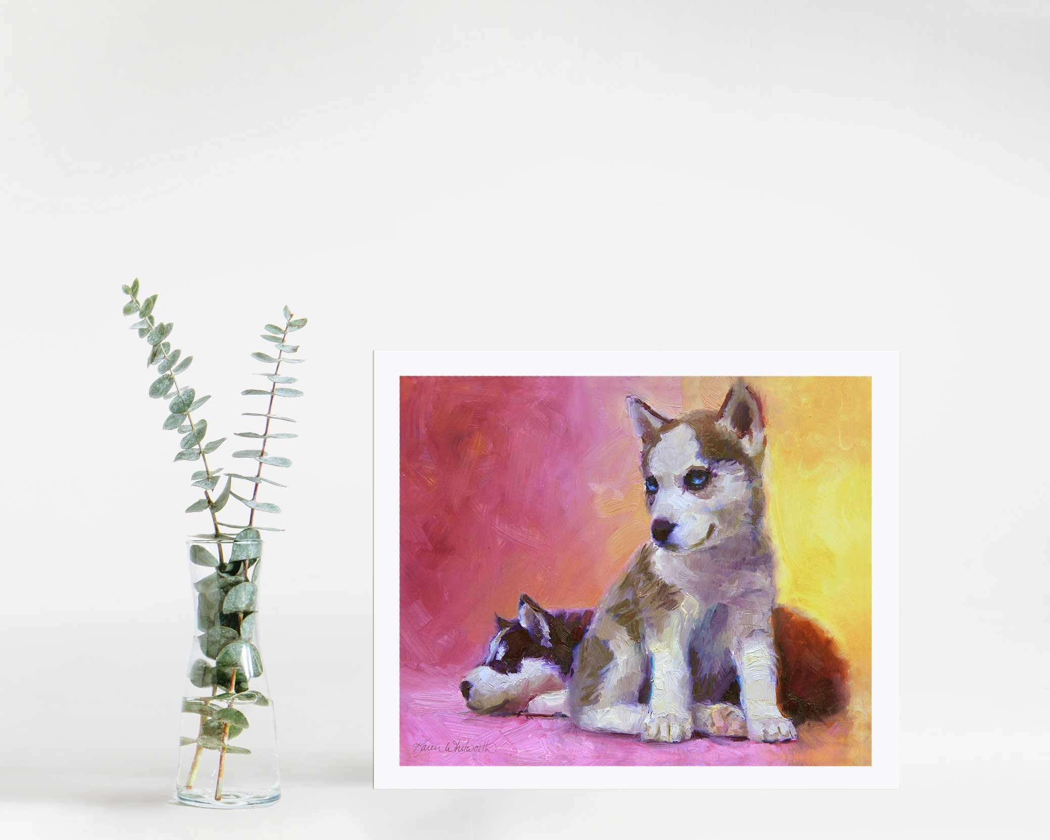 Painting of sled dog husky puppies in a colorful wall art print by Alaska artist Karen Whitworth