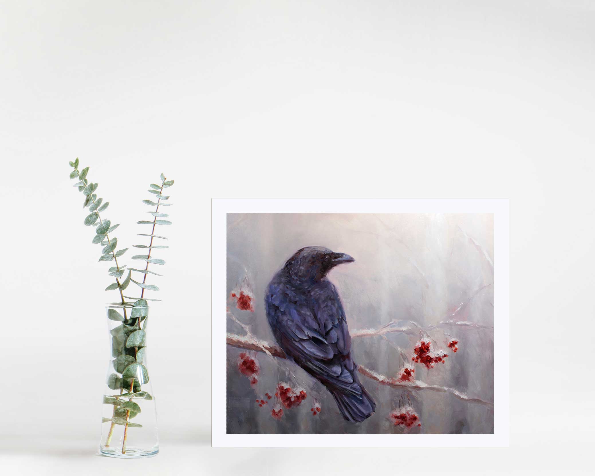 Paper Art print of black raven in winter forest by artist Karen Whitworth