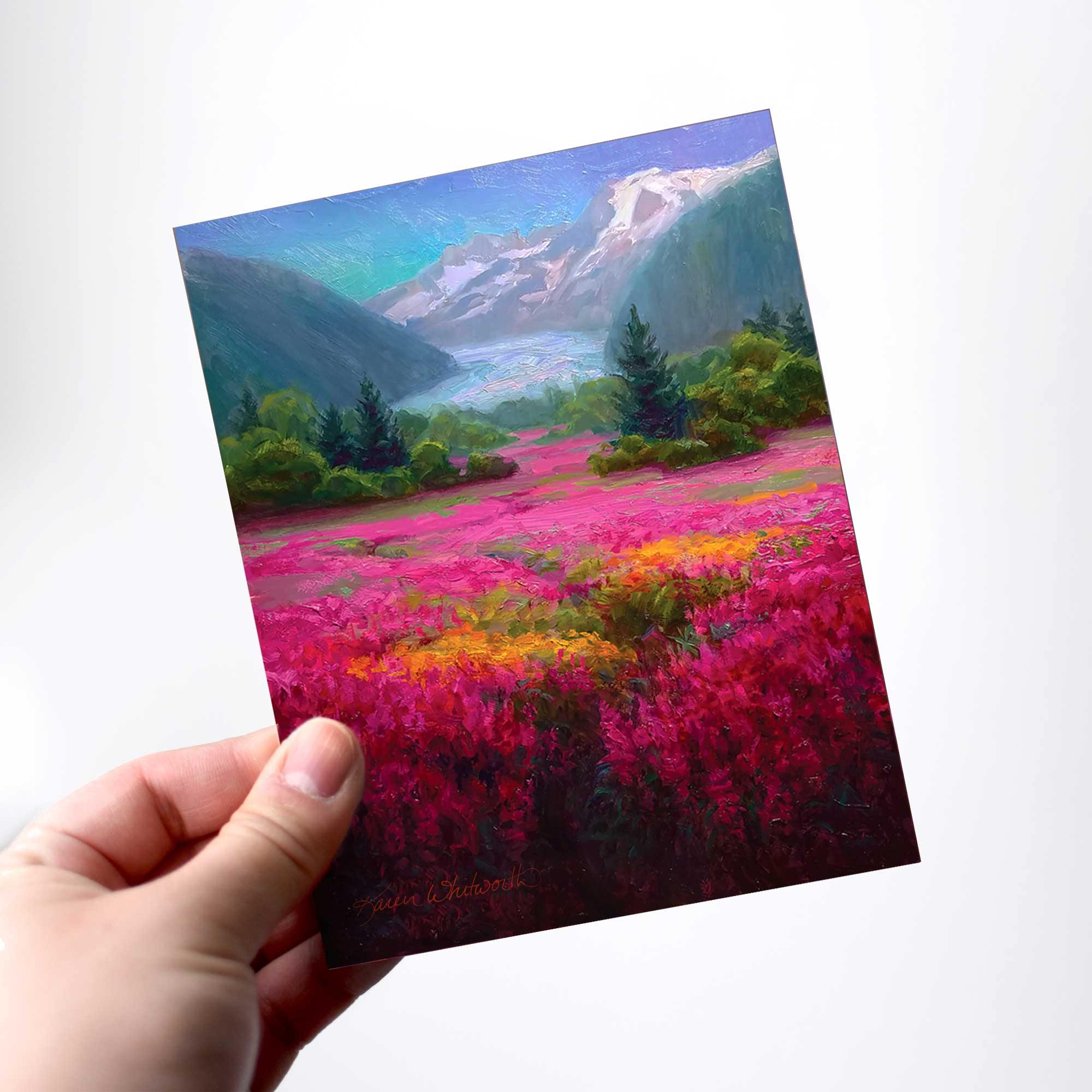 Mendenhall Glacier Alaska Mountain landscape greeting card by artist Karen Whitworth.