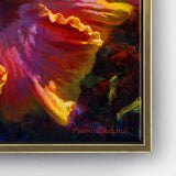 Detail photo depicting a cropped corner of a flower painting on canvas framed in a contemporary gold frame against a white wall.