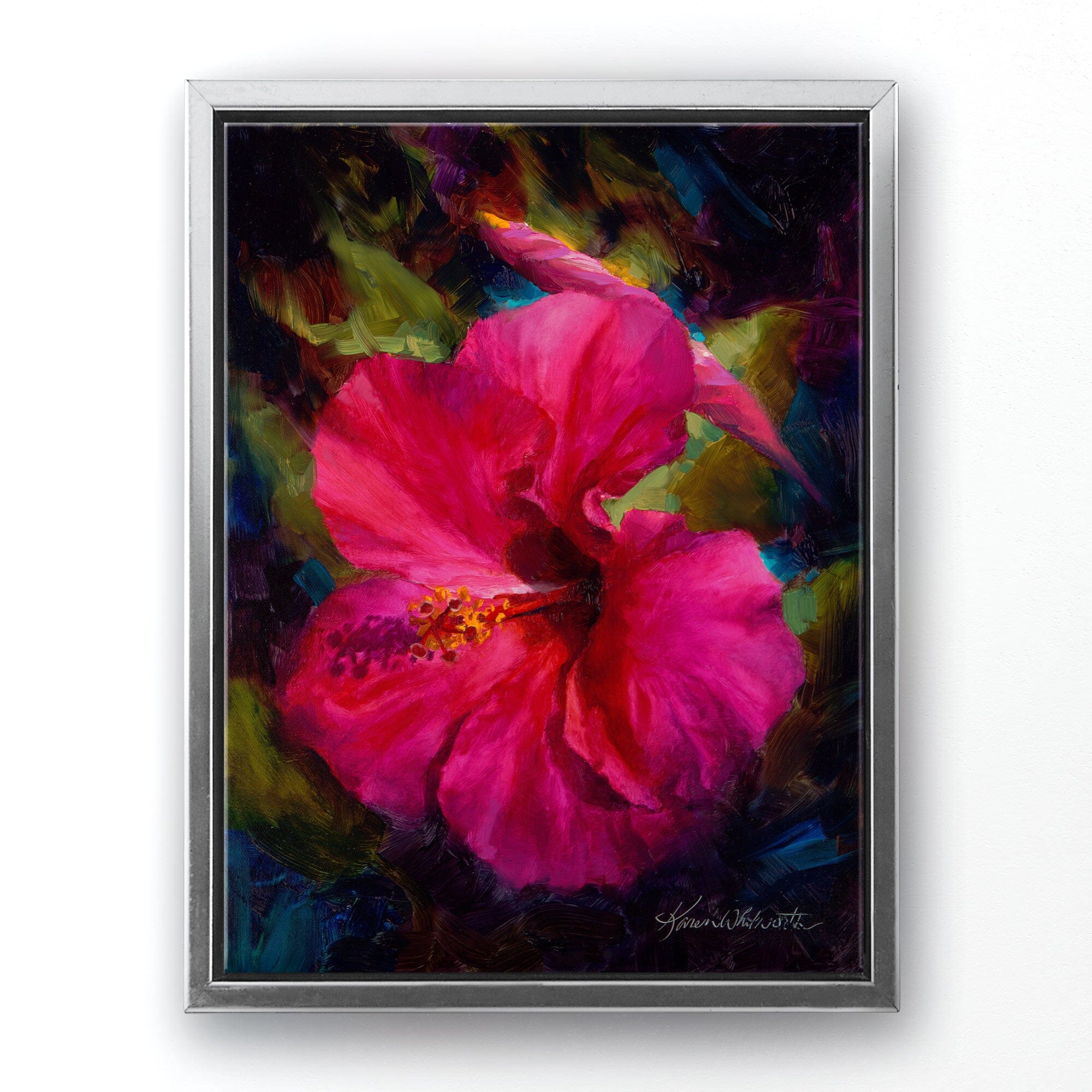 Hawaiian Hibiscus canvas art of pink tropical flower painting by Karen Whitworth. The artwork is framed in a silver floater frame and is hanging on a white wall.