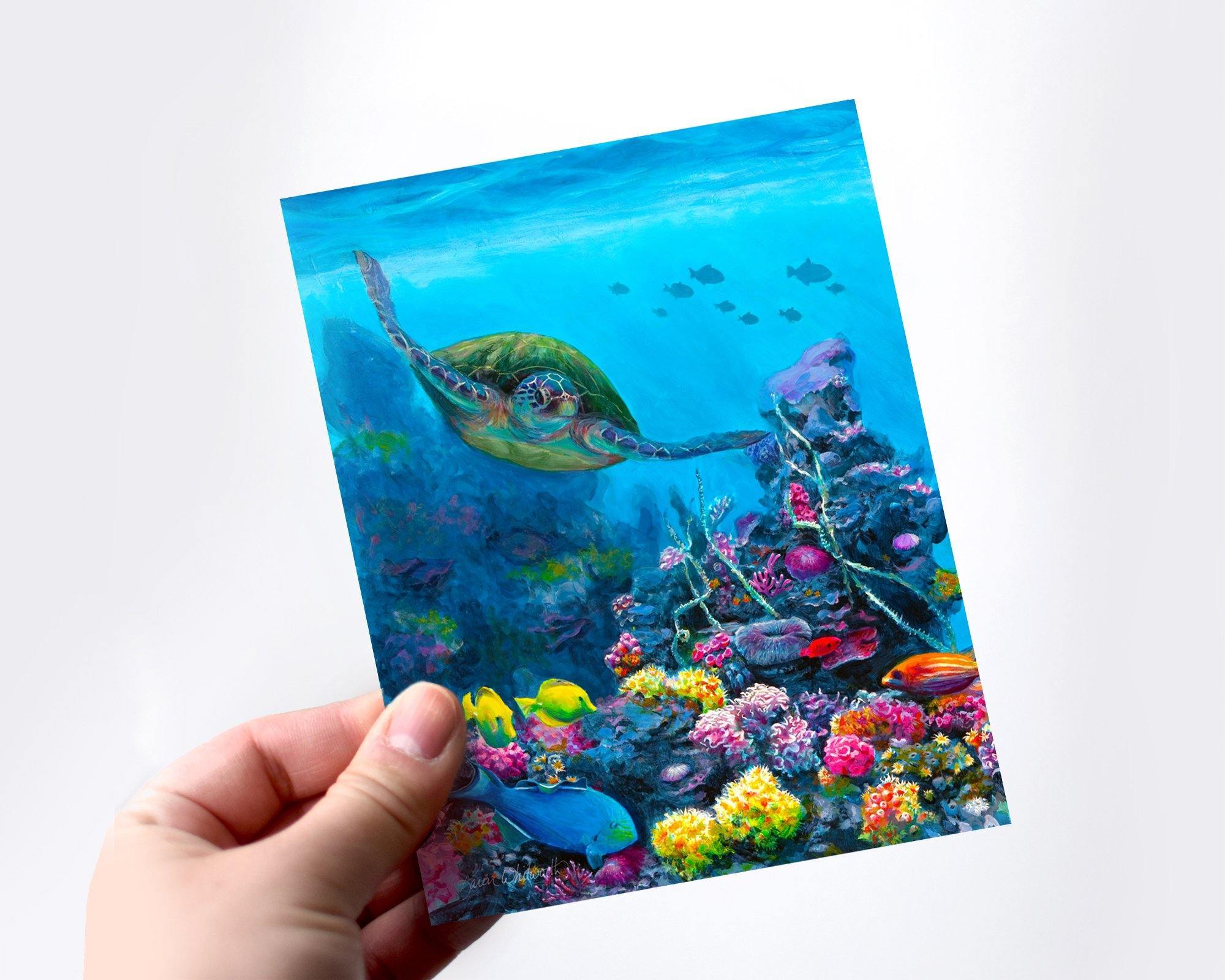 Green Sea Turtle Greeting Card With Tropical Reef & Fish
