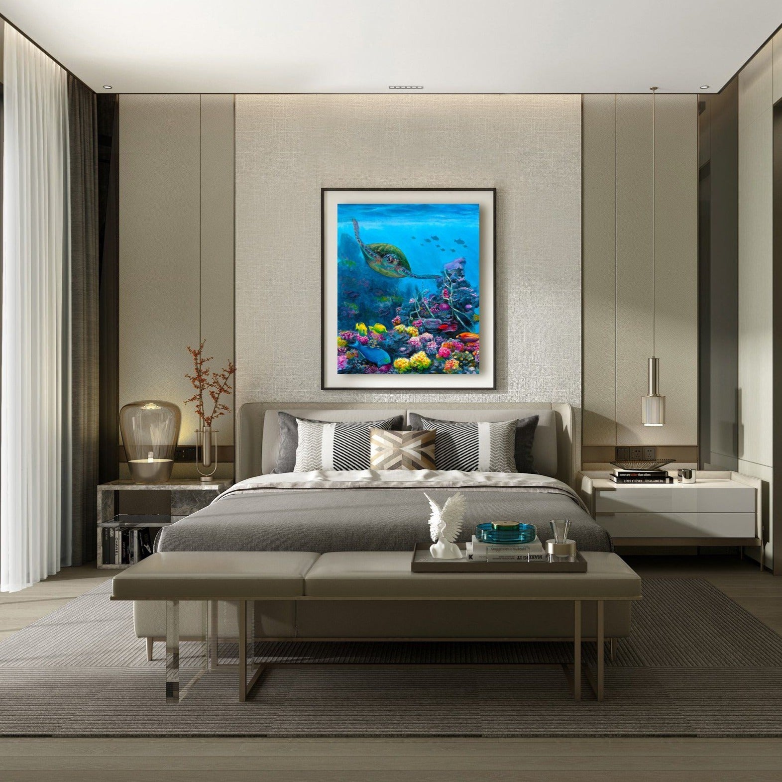 Ocean wall art canvas of green sea turtle swimming through a coral reef with tropical fish hanging on wall above a bed