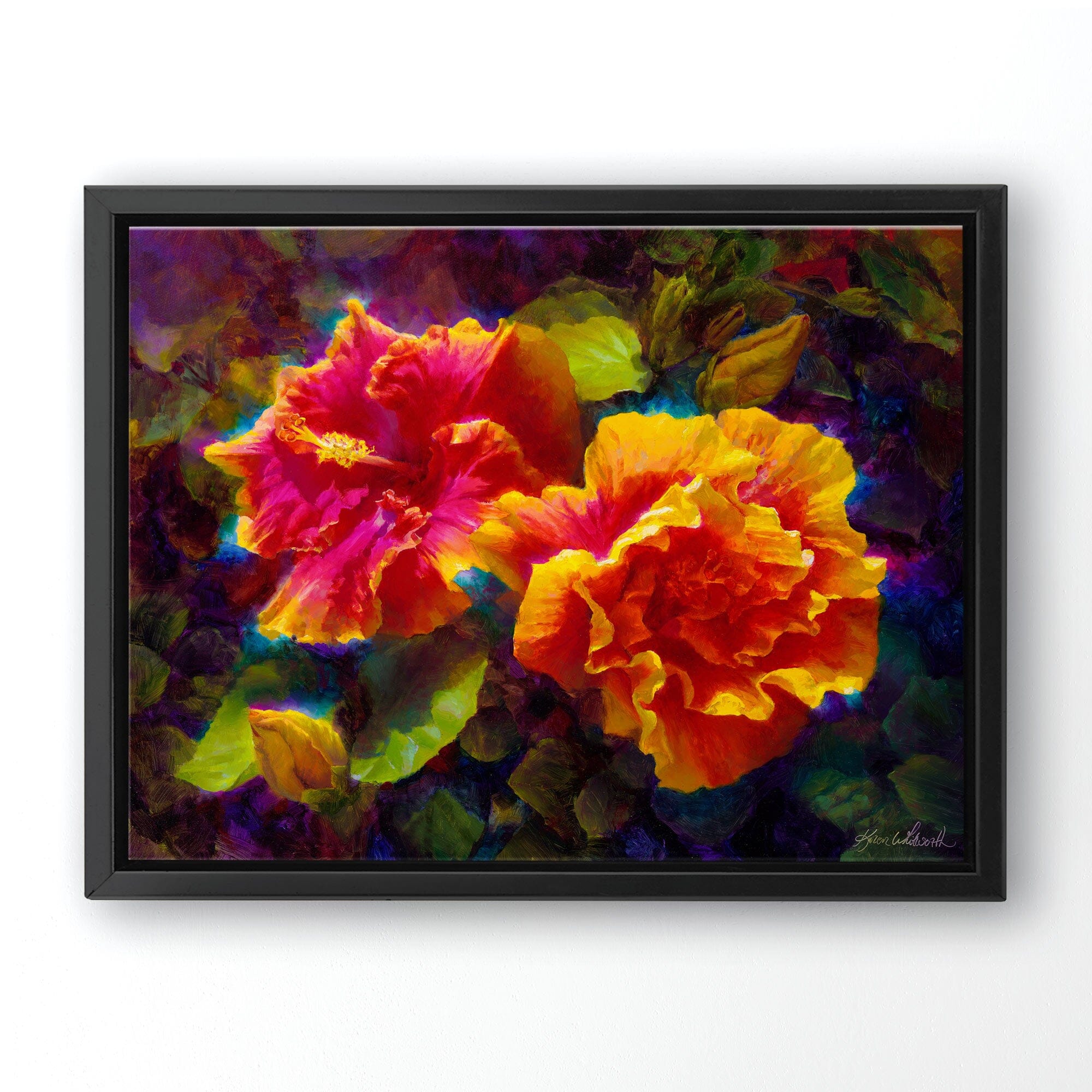 Hawaiian hibiscus painting on canvas by tropical flower artist Karen Whitworth in black frame on white wall