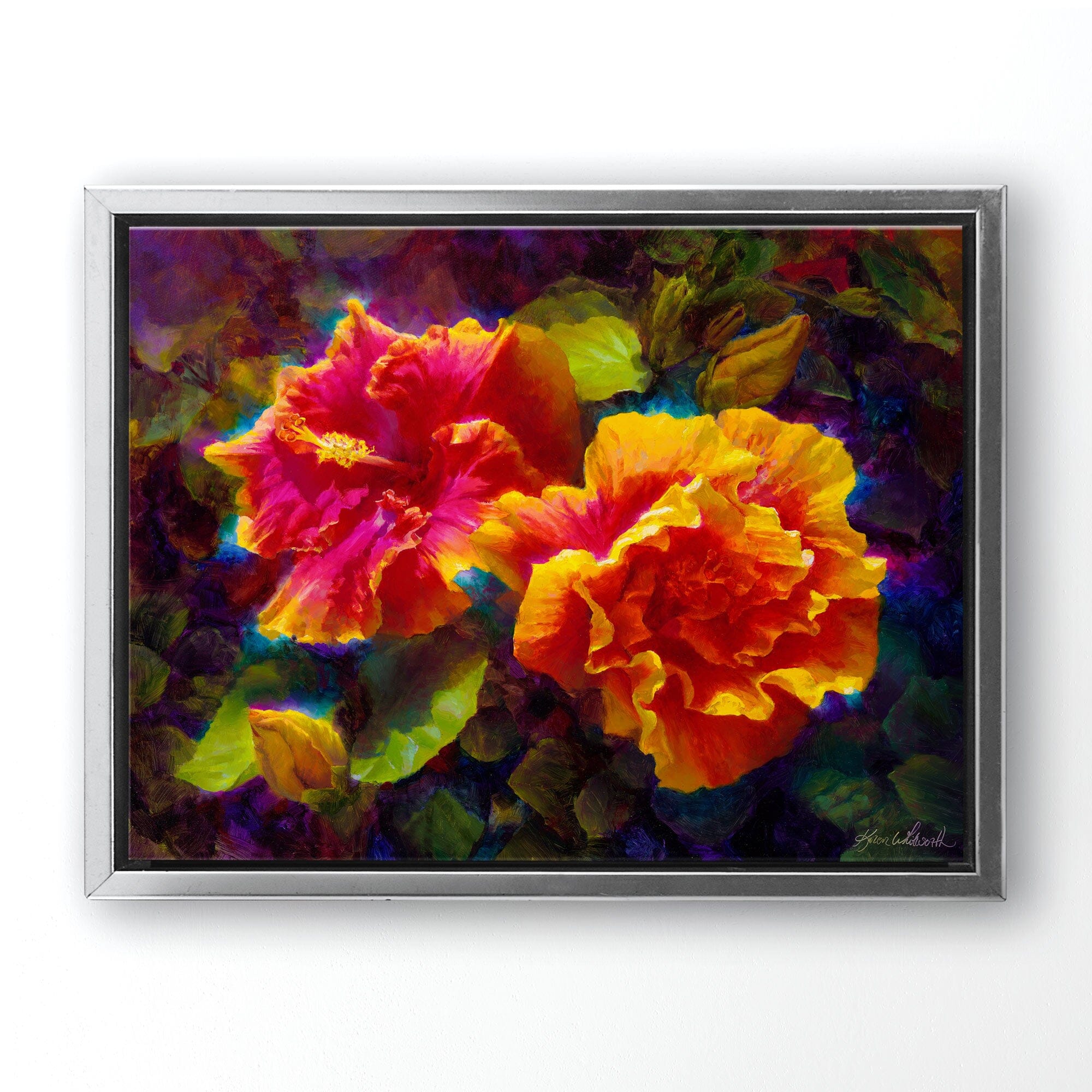 Hawaiian Hibiscus Wall Art Canvas Painting - Sunlit Duet by Artist Karen Whitworth