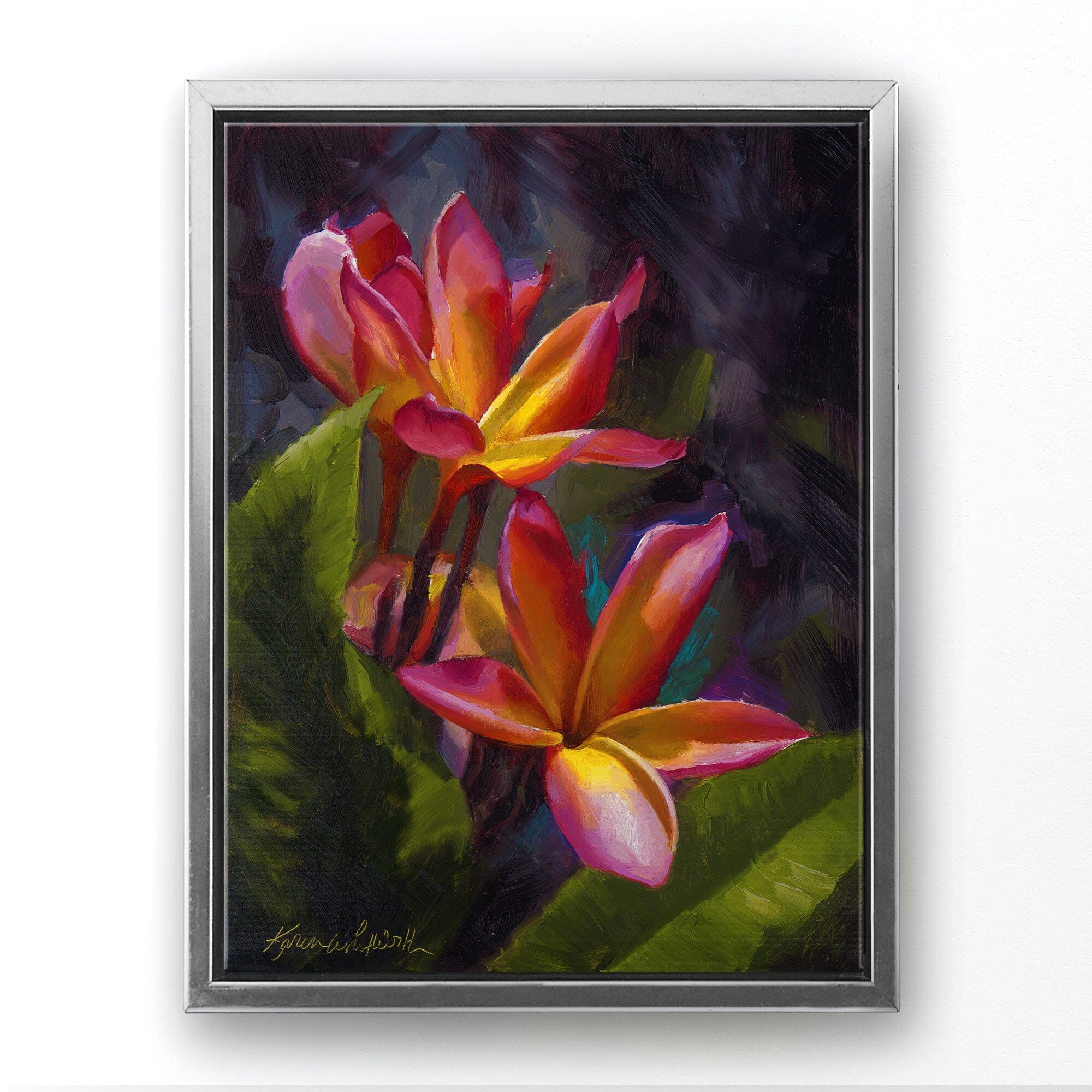 Tropical plumeria canvas art of Hawaii floral painting by artist Karen Whitworth. The canvas is framed in a Silver floater frame and is hanging on a white wall.