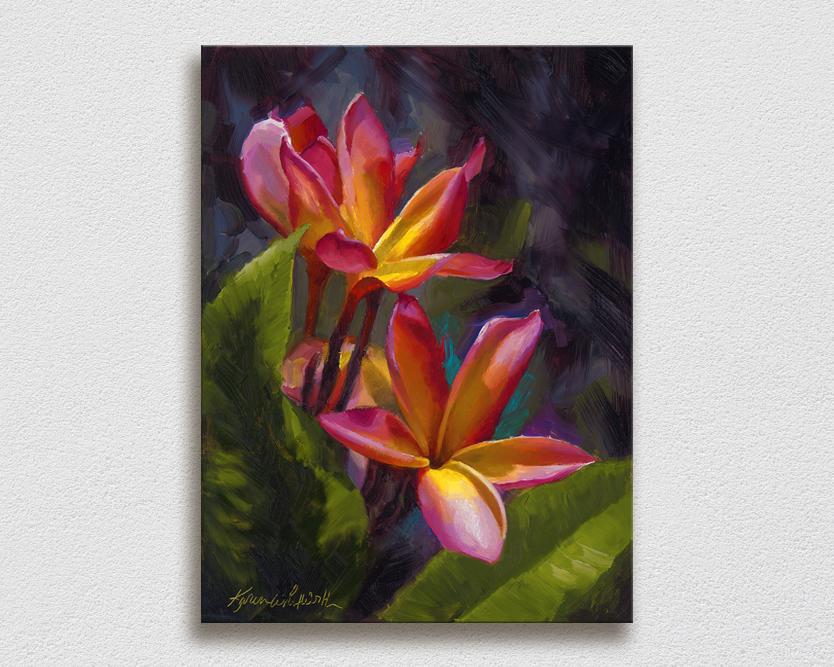 Wall art canvas of tropical Hawaiian Plumeria flower blossoms on a white wall