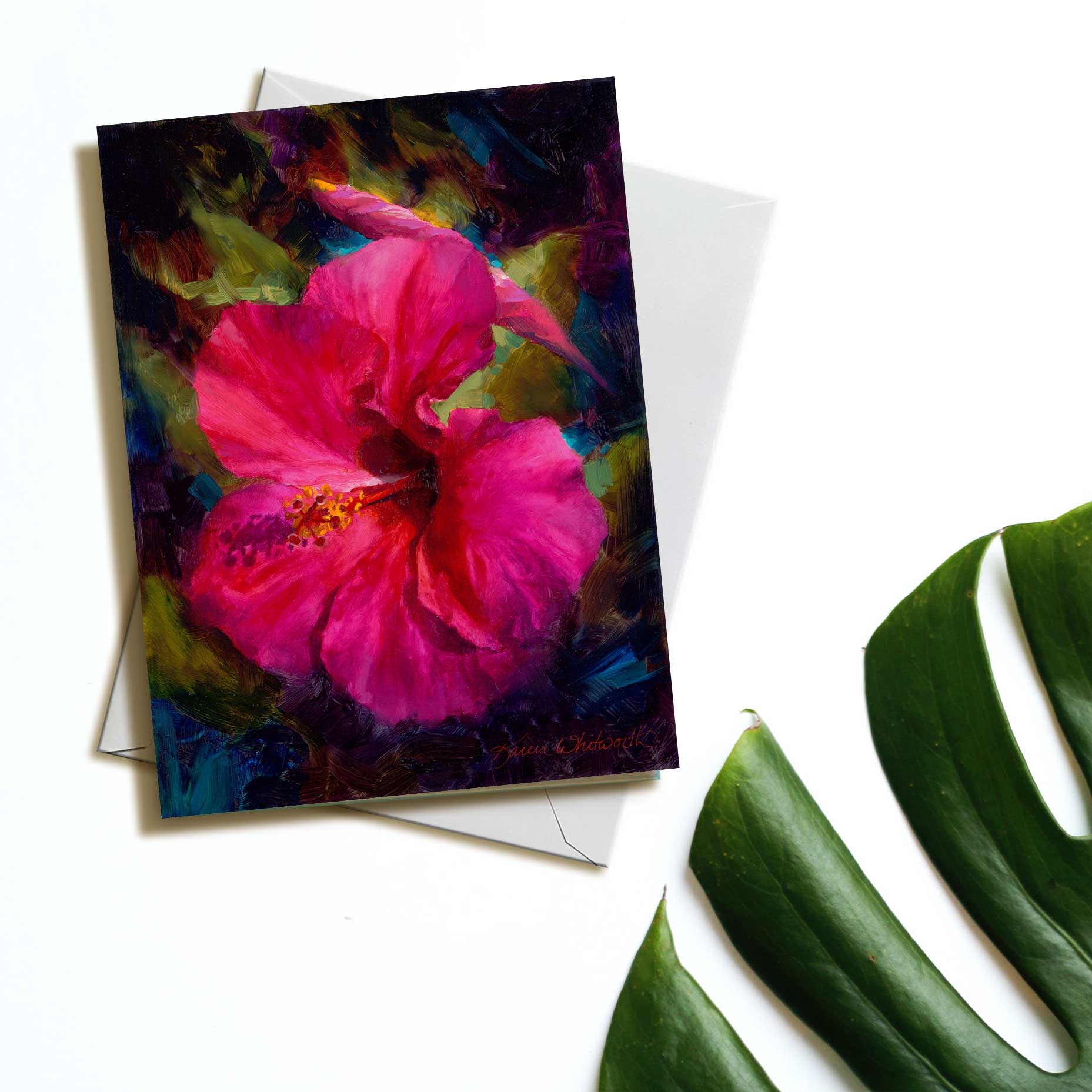 Tropical Hibiscus greeting card with Hawaiian Flowers by Alaska artist Karen Whitworth