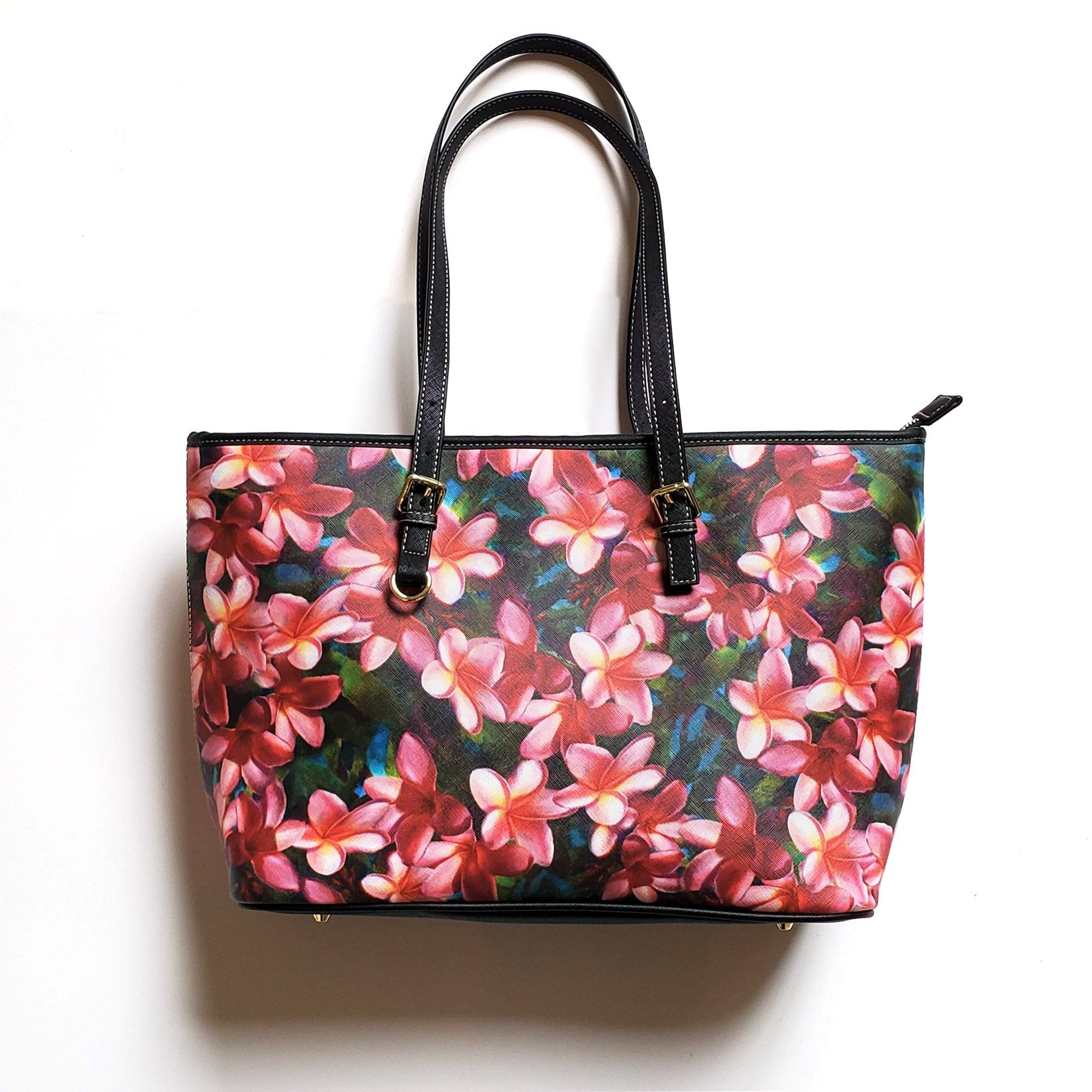Tropical Carryall Purse with Hawaiian Plumeria Floral Print