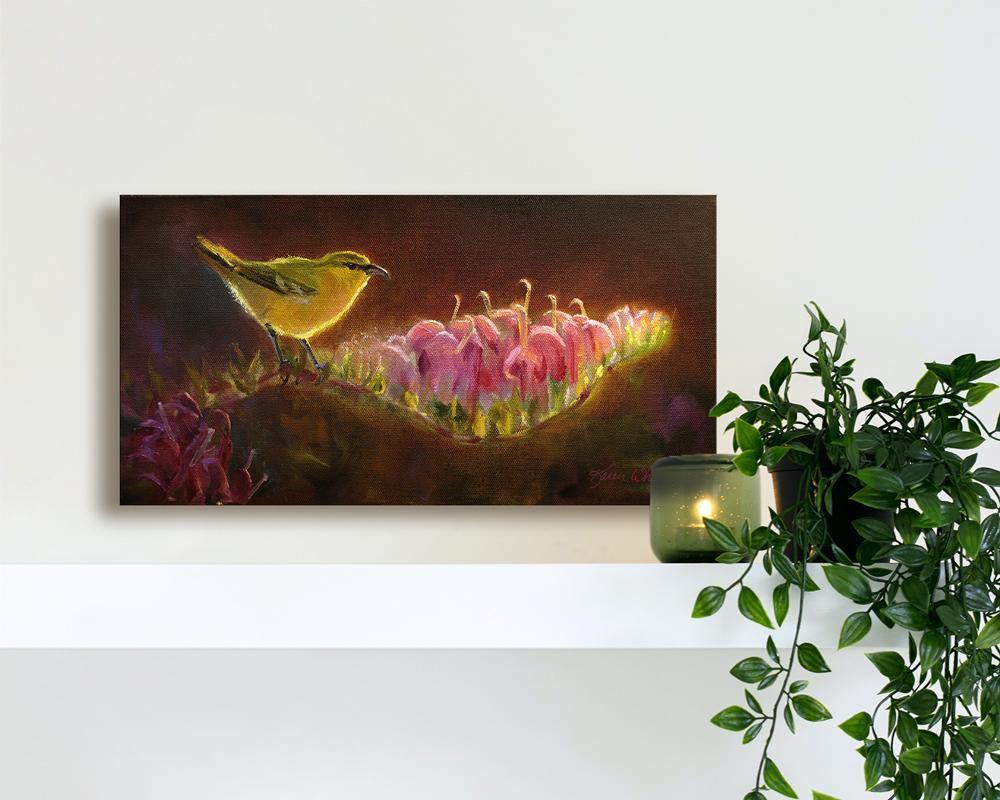 Hawaiian flower painting of amakihi birds of Kauai by Hawaii artist Karen Whitworth