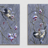 Chickadee Wall Art Canvas Set - Winter Harvest Paintings on Canvas - Matching Gallery Artwork by Karen Whitworth