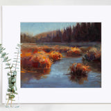 Colorful autumn wall art print of meadow landscape painting by nature artist Karen Whitworth