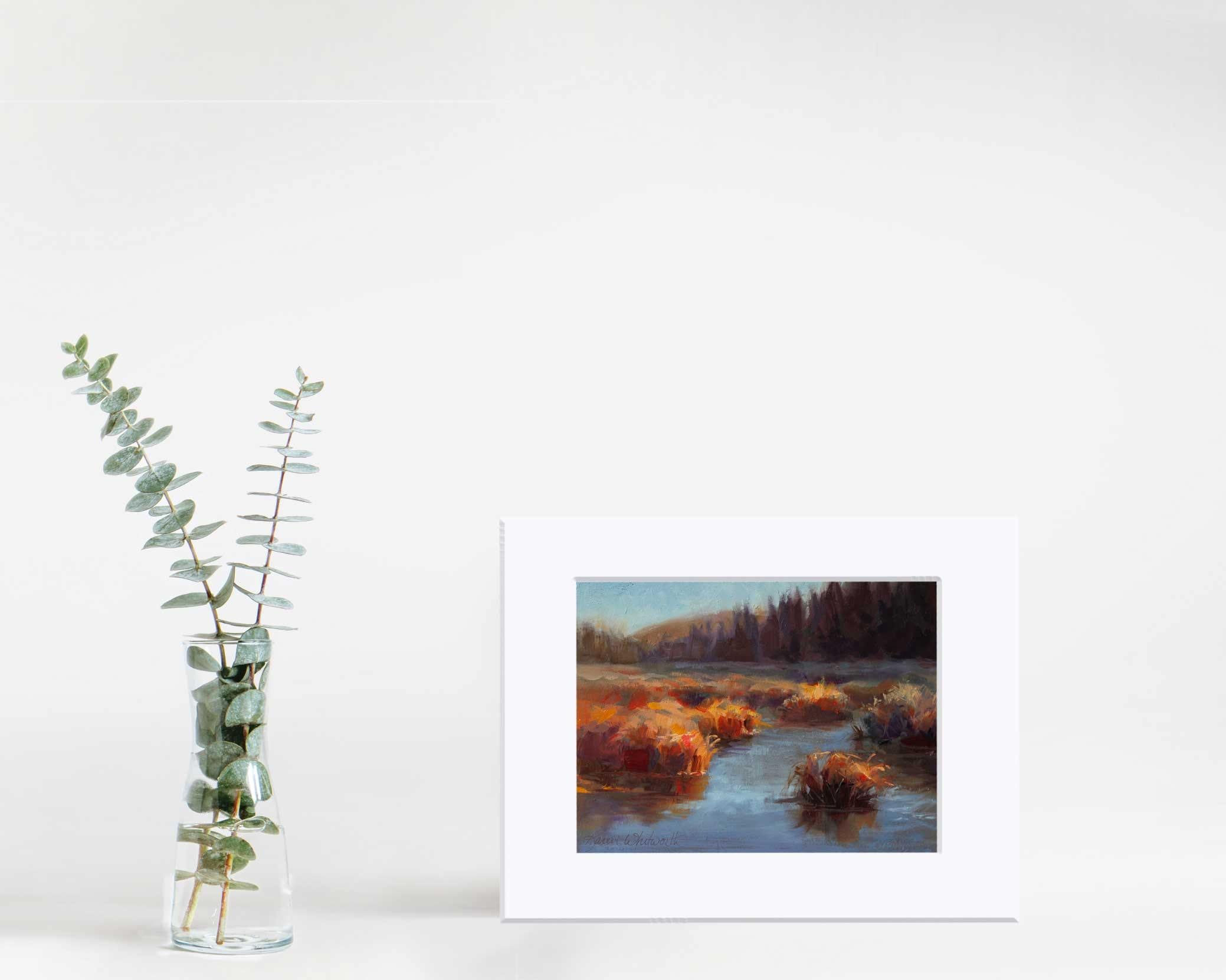 Colorful autumn wall art print of meadow landscape painting by nature artist Karen Whitworth