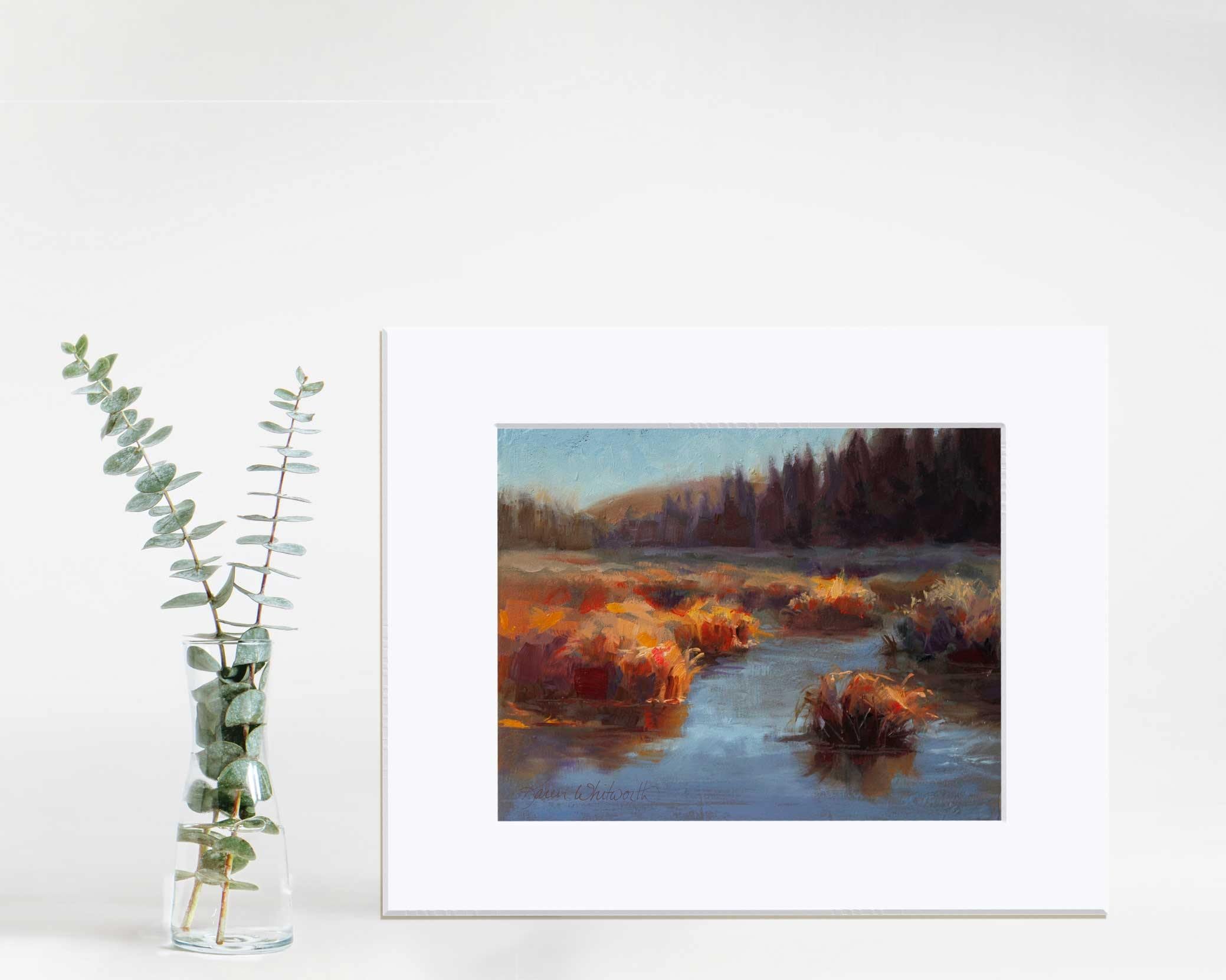 Colorful autumn wall art print of meadow landscape painting by nature artist Karen Whitworth