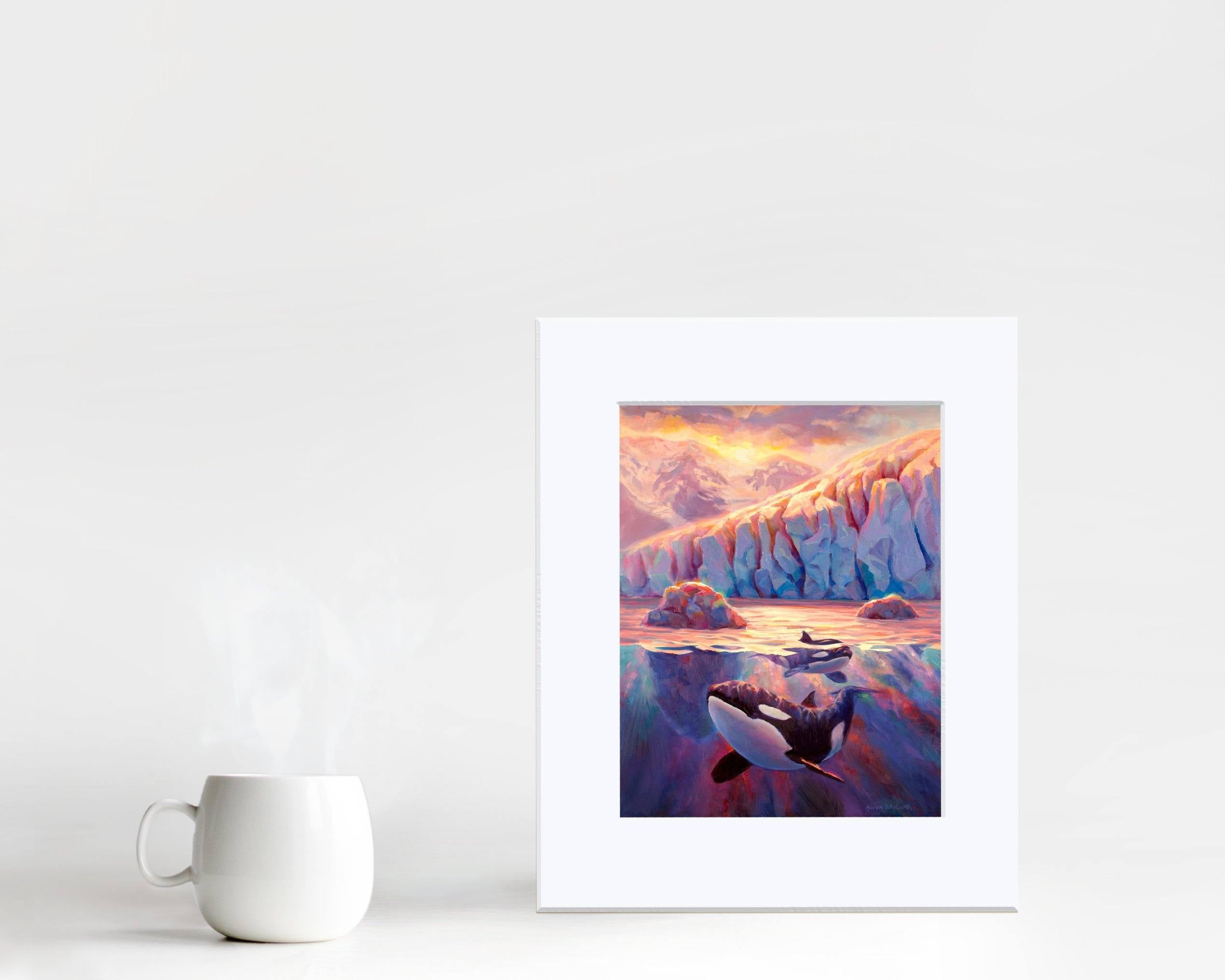 Paper wall art print of Orca whales and Alaskan glacier landscape painting by artist Karen Whitworth
