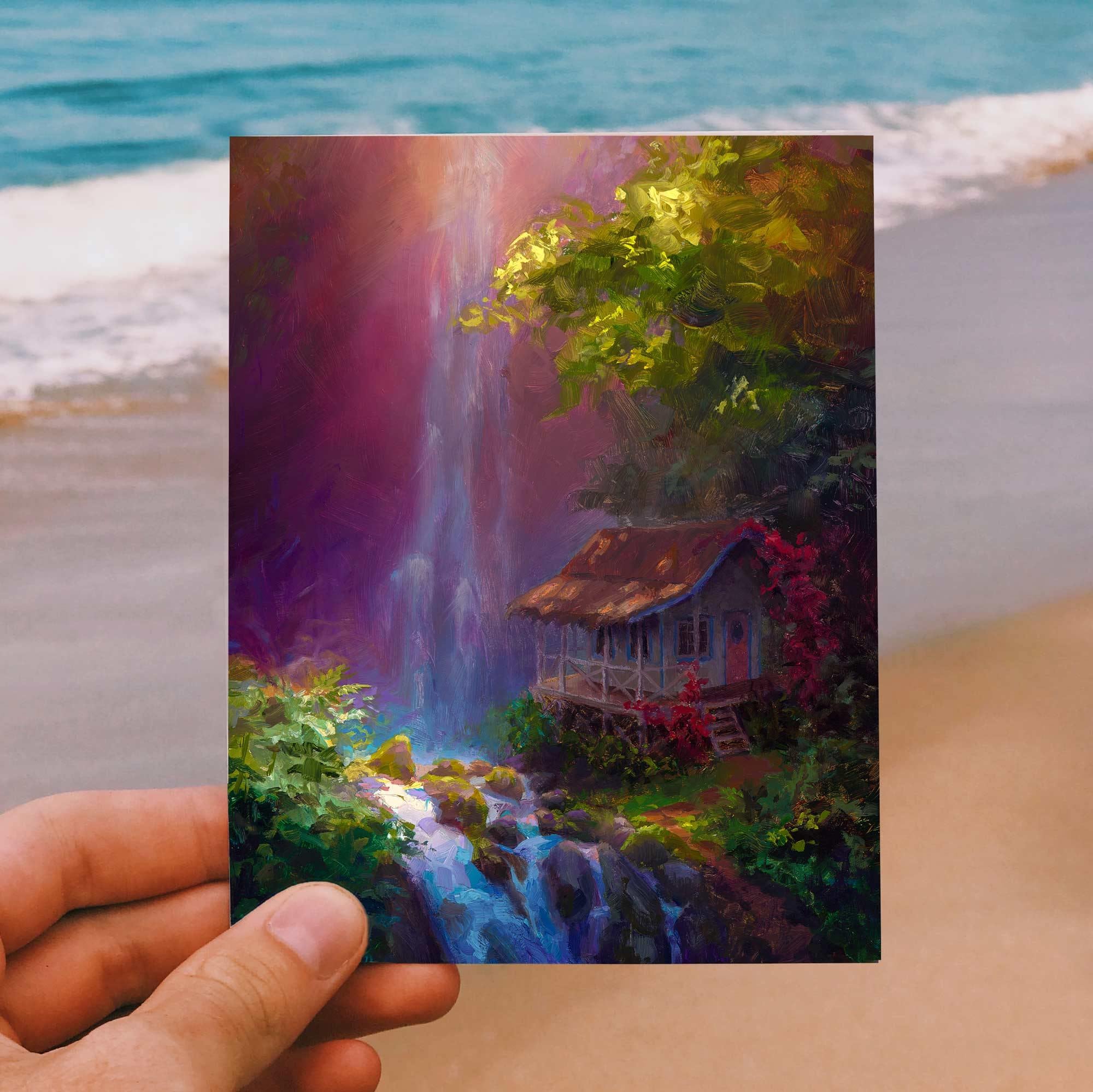 Hawaii greeting card with Kauai waterfall jungle cottage