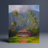 Hawaii art print of Hawaiian painting featuring Hanalei scenery on the island of Kauai in a wall art print titled "Grounded" by artist Karen Whitworth. The print is standing on a dark grey blue backdrop and was painted by artist Karen Whitworth.