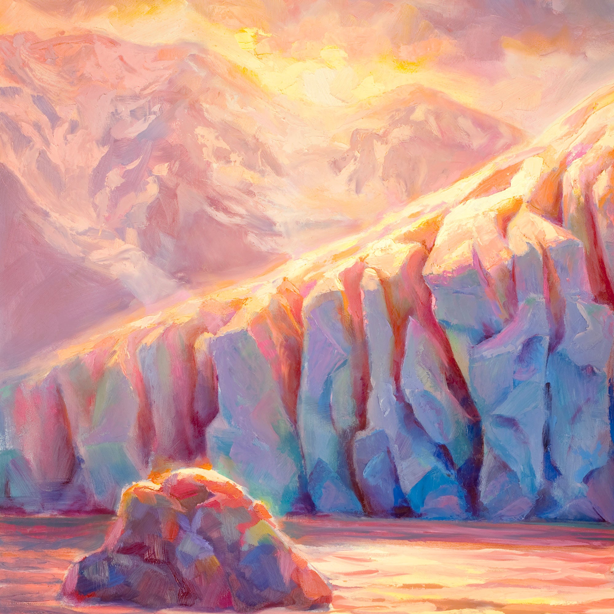 A coloful Alaska painting of a glacier and mountains at sunrise by artist Karen Whitworth