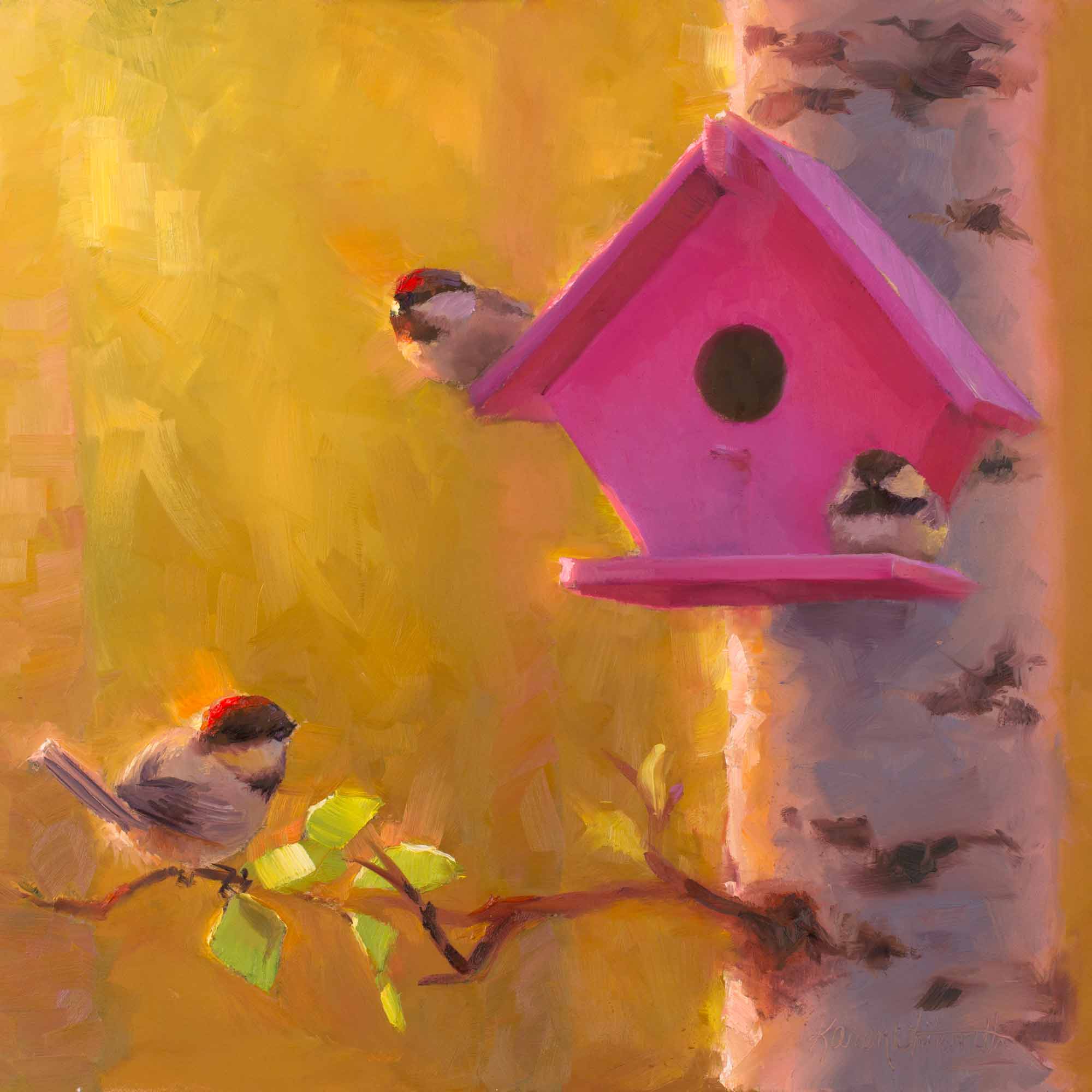 Colorful birdhouse painting of chickadees wall art print by artist Karen Whitworth