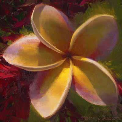 Hawaiian flower painting of plumeria wall art print by flower artist Karen Whitworth