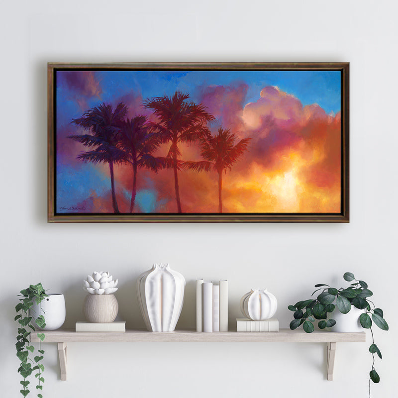 Hawaiian art of a palm tree painting tropical wall art canvas of a tropical sunset by Hawaii artist Karen Whitworth