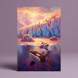 A beautiful orca whale art print of 2 whales swimming in front of a glacier fiord in Alaska at sunrise. This Alaskan whale wall art print was painted by artist Karen Whitworth.