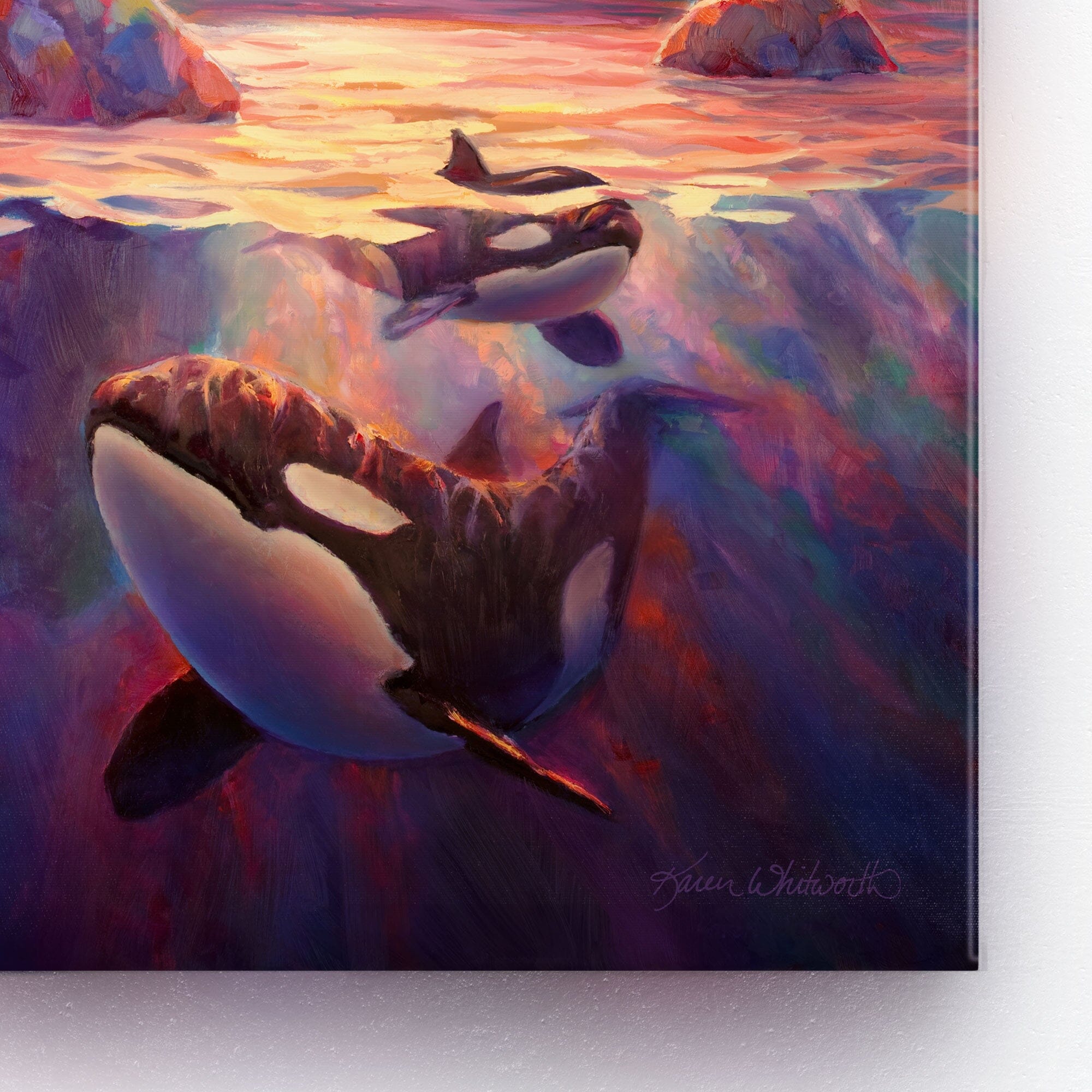 A close up cropped view of an underwater orca painting by artist Karen Whitworth