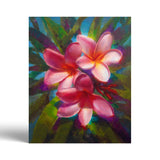 A colorful painting depicting 3 plumeria flowers with red, pink, and yellow petals. This tropical flower wall art print was painted by floral artist Karen Whitworth.
