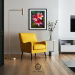 Plumeria Wall Art Print of Pink Plumeria Painting by Karen Whitworth. The painting hangs on the wall above a yellow chair.