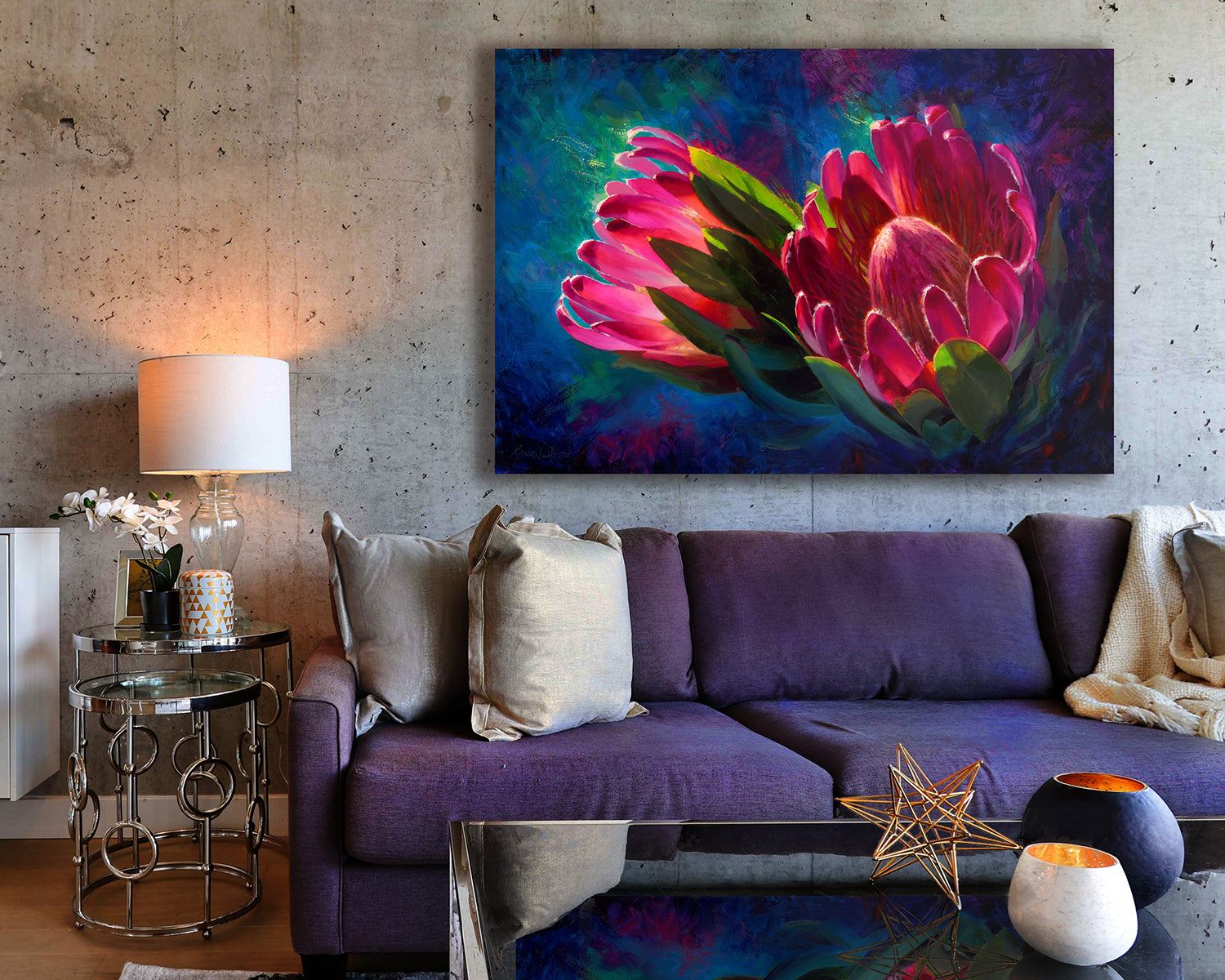 Protea canvas wall art print of pink flower painting by artist Karen Whitworth
