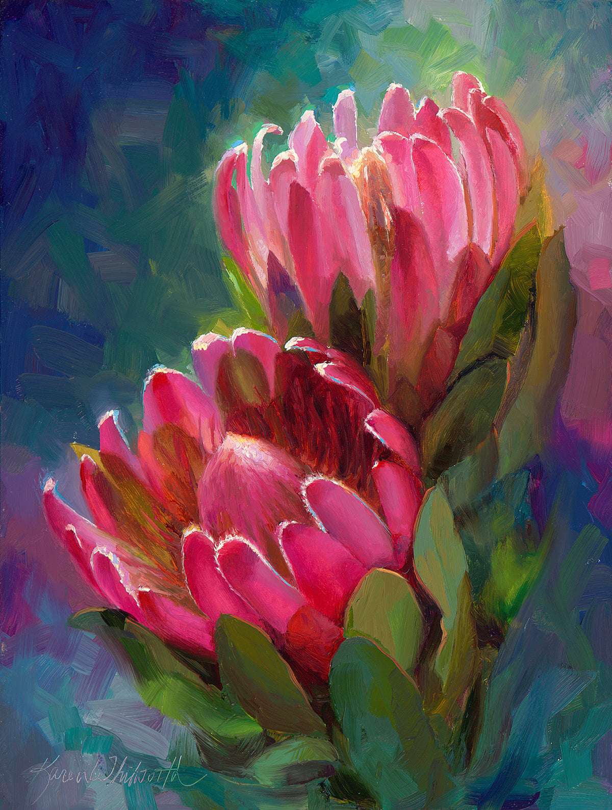 Protea painting of Hawaiian protea flowers art print by Hawaii flower Torch ginger painting of Hawaiian flower wall art canvas print by flower artist Karen Whitworth