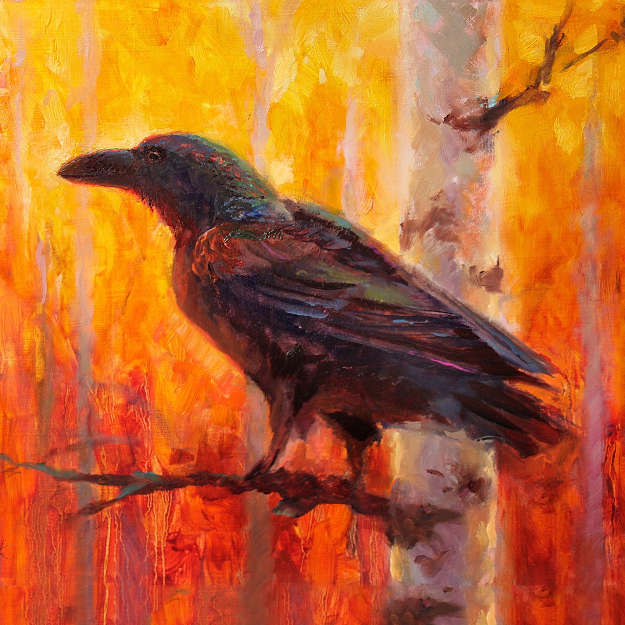 Autumn raven painting of black bird in golden forest by bird artist Karen Whitworth.