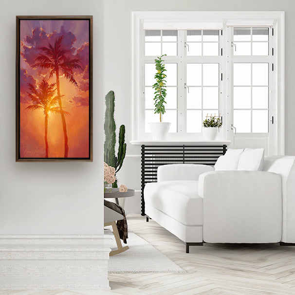 Hawaiian wall art of tropical palm tree sunset painting by Hawaii artist Karen Whitworth