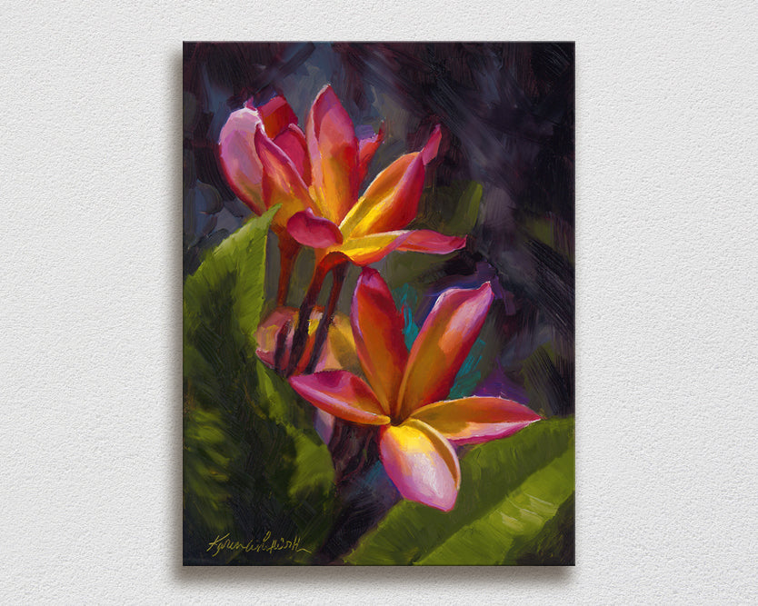 Hawaiian plumeria painting of tropical flower wall art print on canvas by flower Protea painting of Hawaiian protea flowers art print by Hawaii flower Torch ginger painting of Hawaiian flower wall art canvas print by flower artist Karen Whitworth