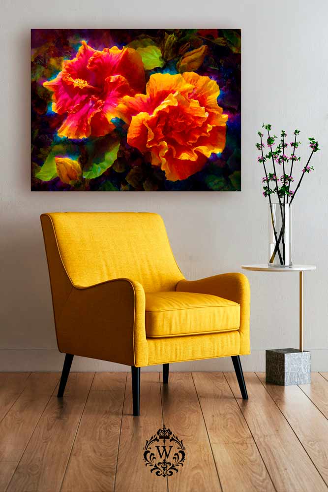 Tropical hibiscus floral painting displayed over a yellow chair by Hawaii flower artist Karen Whitworth