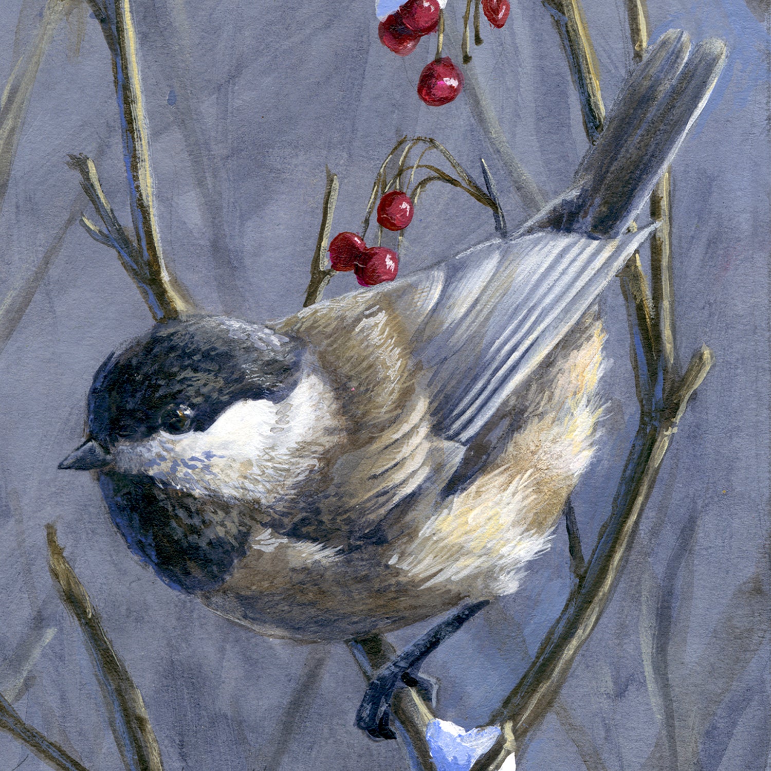 Chickadee bird wall art of snowy branches, berries, and winter wildlife painting by Karen Whitworth.