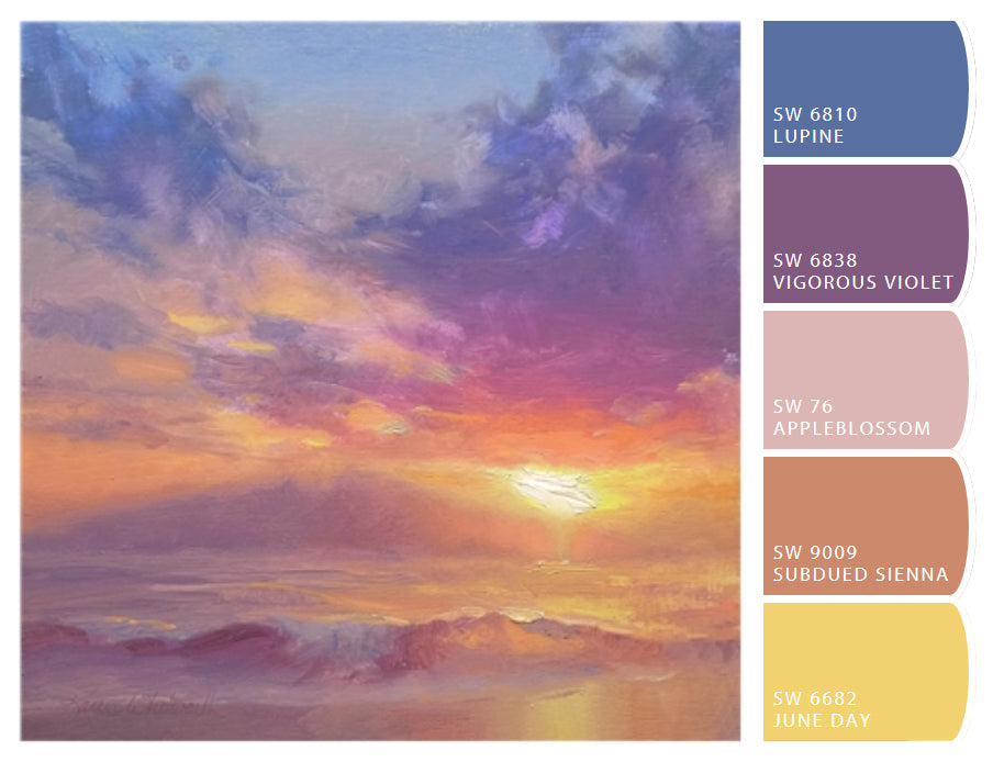 Sunset color palette color scheme with paint colors by Hawaii beach artist Karen Whitworth.