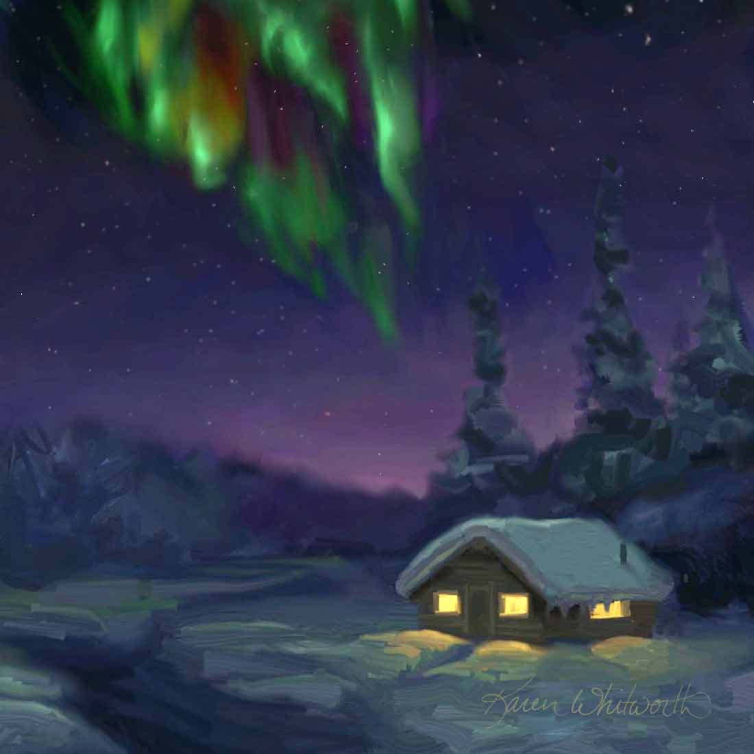 Northern lights painting of aurora wall art print with winter cabin painting by artist Karen Whitworth