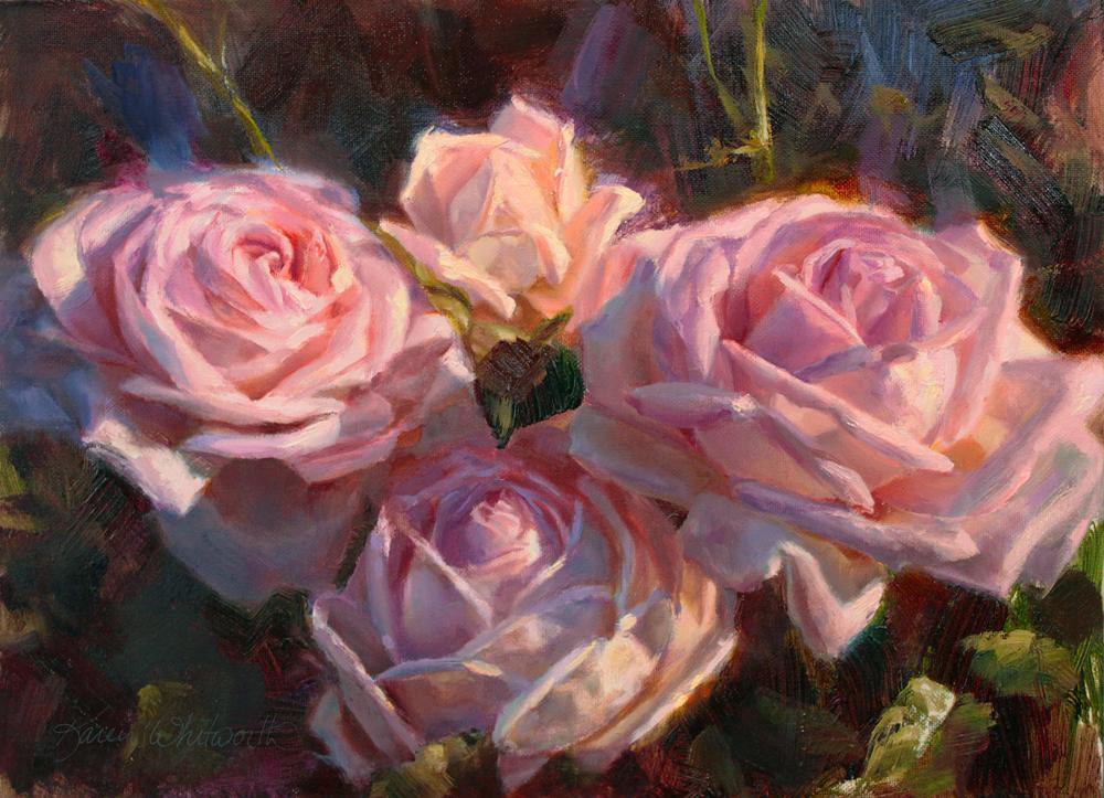 Painting of pink English roses by artist Karen Whitworth