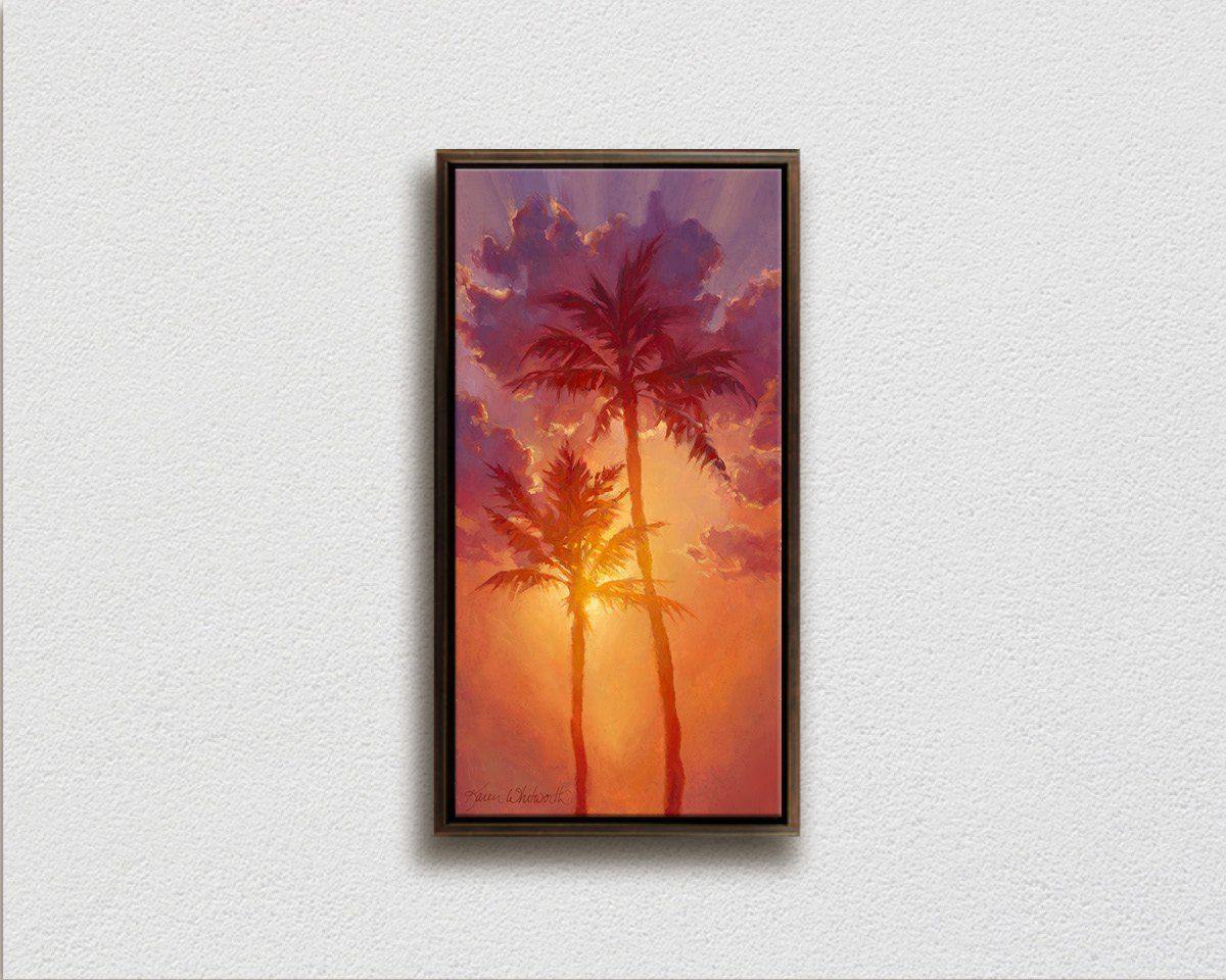 Framed wall art canvas of Hawaiian palm tree sunset painting wall art by Tropical artist Karen Whitworth