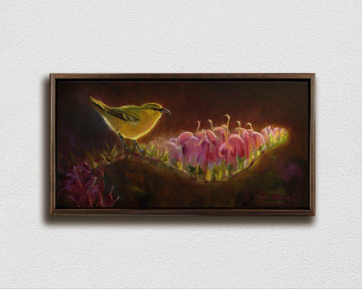 Framed Hawaiian flower painting of amakihi birds of Kauai by Hawaii artist Karen Whitworth