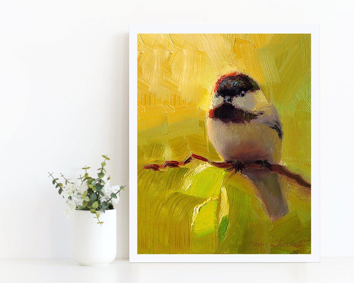 Bright painting of black capped chickadee bird by wildlife artist Karen Whitworth