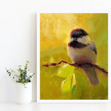 Bright painting of black capped chickadee bird by wildlife artist Karen Whitworth